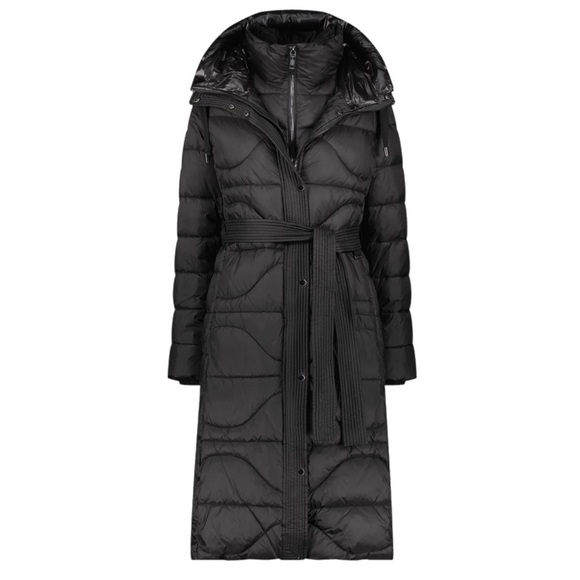 NWOT Vince Camuto LONG BLACK BELTED QUILTED HOODED PUFFER COAT SMALL - Picture 1 of 12